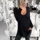 Женская футболка с V-образным вырезом, однотонная Свободная Повседневная модная футболка с длинным рукавом, топы, женские футболки, оверсайз