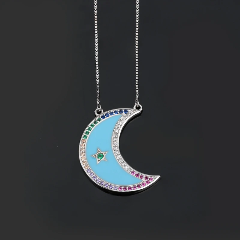 Newranos 925 Silver Necklace Enamel Crescent Moon Pendant Colorful Zirconias Statement Colar fr Women 's Jewelry NYX0031282 | Украшения