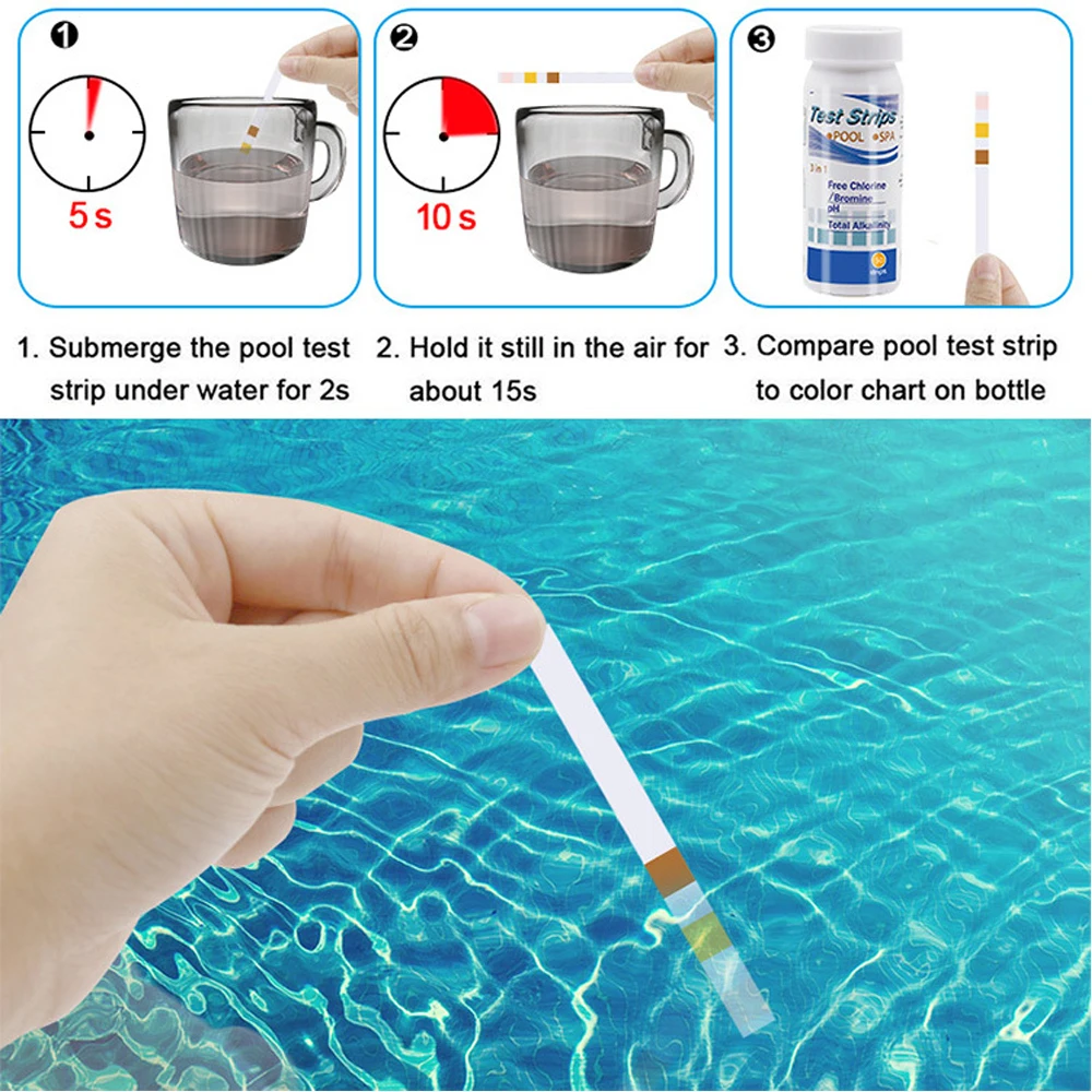 

50 Strips 3-In-1 Tub Water Quality Swimming Pool Test Paper Residual Chlorine PH Value Alkalinity Hardness Test Strip A Bottle