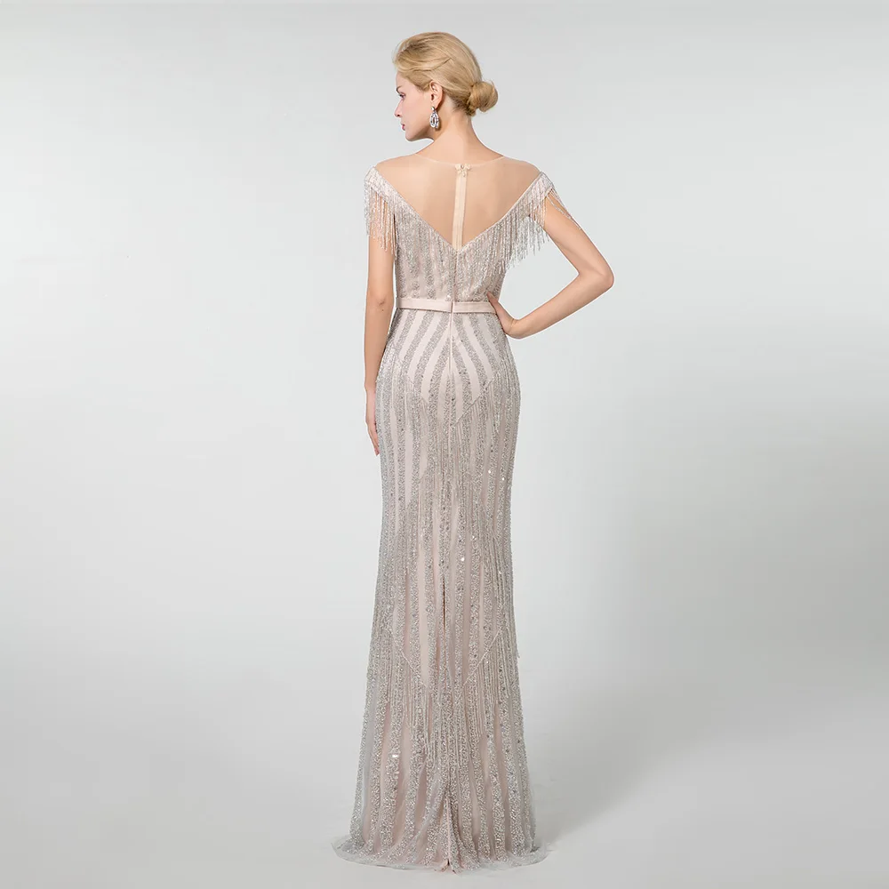 YQLNNE Обнаженная Русалка Вечернее Платье Иллюзия Тюль Бисероплетение кисточкой