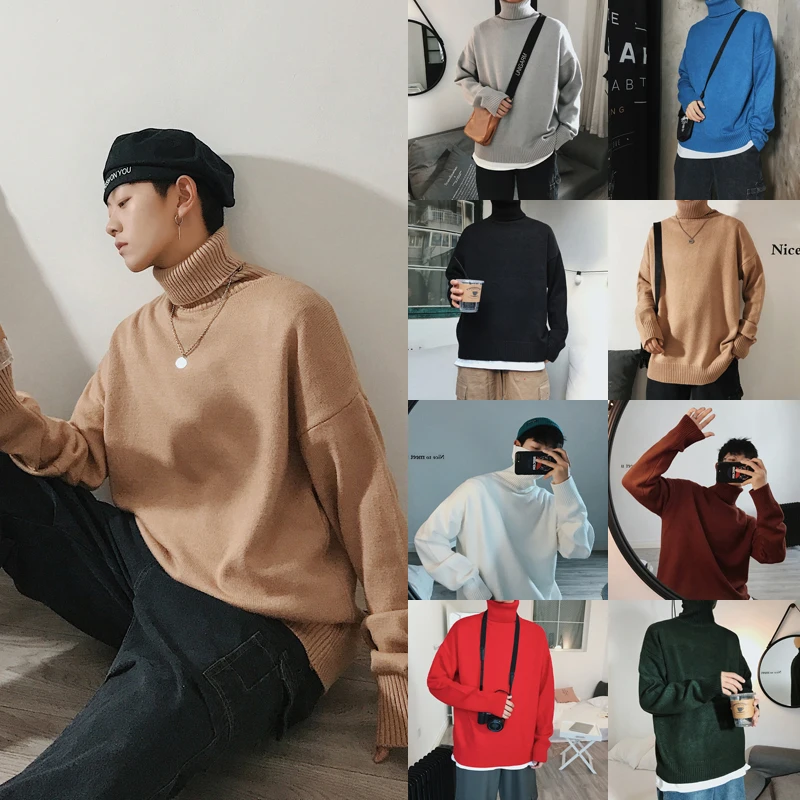 

Men Sweaters Turtleneck Simple All-match Loose Harajuku Chic Korean Mens Clothing Knitting High Quality Casual Fashion Sweaters