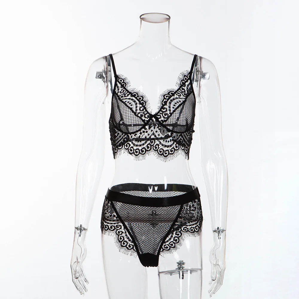 

BKLD Sexy Lace Bra Set Push Up Unlined Bralette Lingerie And Bottom Two Pieces Sets Mesh Transparent Women Underwear Set