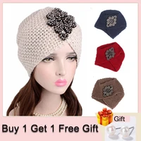 new crystal wool crochet knitted cap ladies autumn winter warm hats high quality muslim indian style turban chemo cap beanies