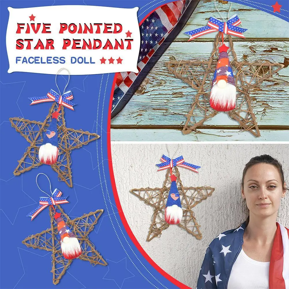 

Independence Day Rattan Hanging Ornament Faceless Sign Door Decor Star Pendant Wall Window Home F8T4