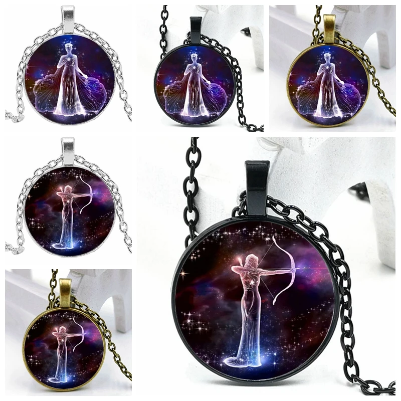 

Statement Necklace 12 Constellation Capricorn Pisces Aries Lion Pendant Vintage Necklace Glass Cabochon Jewelry Gift