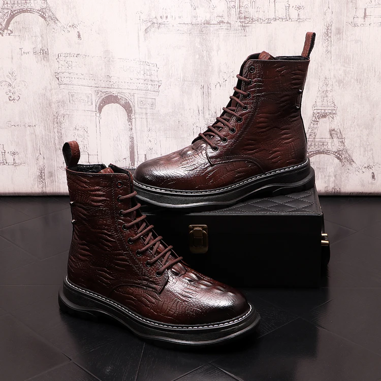 

Мужские высокие кожаные ботинки с крокодиловым узором, на толстой подошве, в стиле ретро, с внутренней шнуровкой, зимние теплые мартинсы, ко...