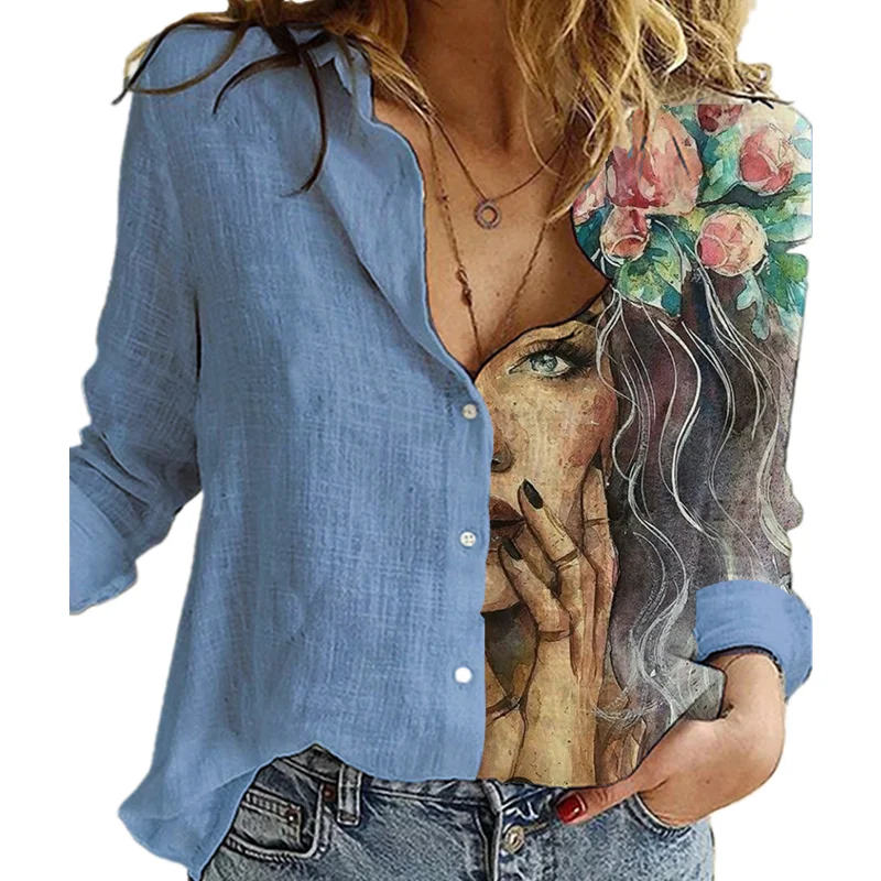 

Casual Street Lady Top Fashion Retro Portrait Floral Print Women Shirt Autumn Stitching Button Long Sleeve Cotton Linen Blouses