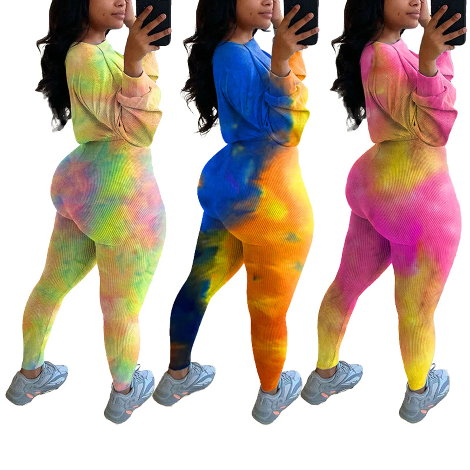 

Newest Arrival Women Casual Style Outfits Female Tie-dye Print Long Sleeve Round Neck Crop Top+High Waist Trousers Fashion Sets
