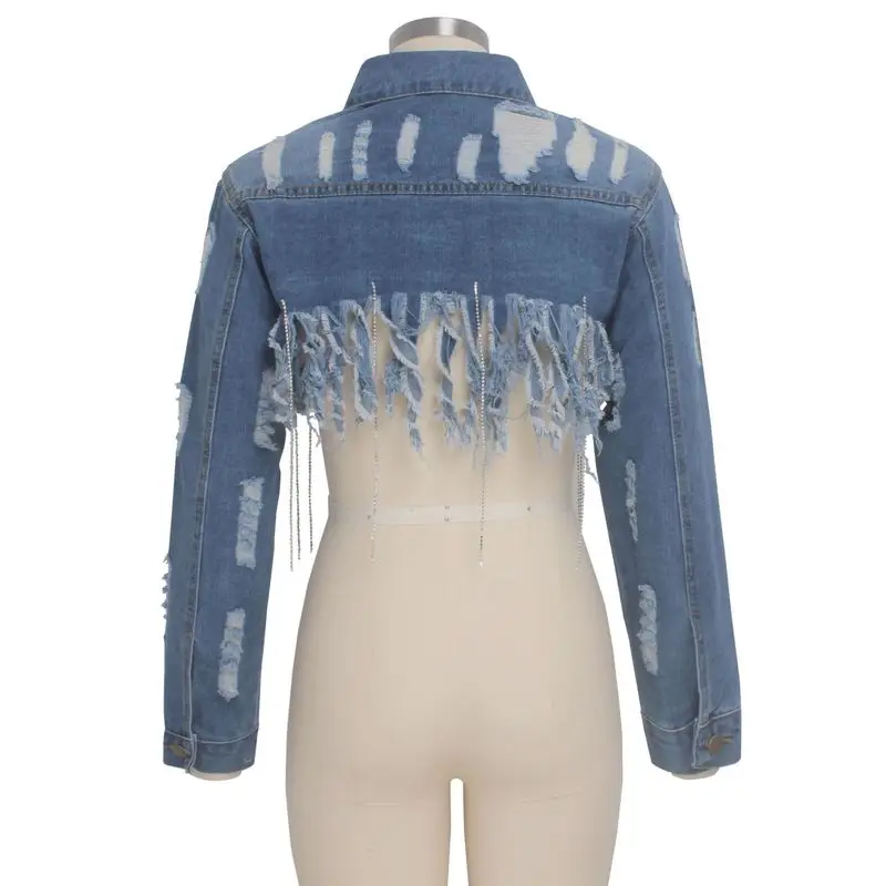 Женская рваная джинсовая куртка винтажная куртка-бомбер с отложным воротником и