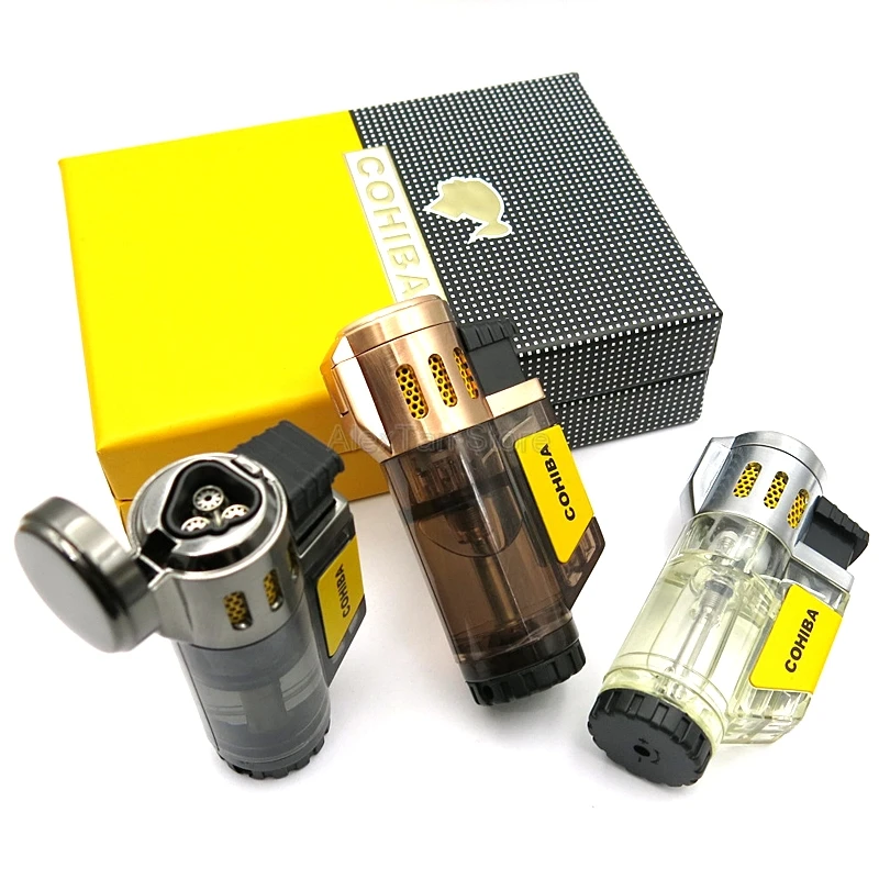 COHIBA элегантная прозрачная Зажигалка Winproof 3 Jet зажигалка факела сигарета регулируемые зажигалки для сигар