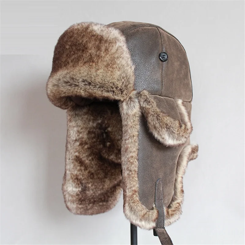 B-8480 Adult Winter Warm Lei Feng Hat Men's Leather Ear Protection Hat Man Lady Winter Cap Ear Bomber Hats Warm Hat