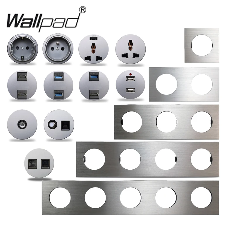 Wallpad L6-مفتاح حائط من الألومنيوم المصقول الفضي ، مقبس USB فرنسي ، وحدة صوت RJ45 CAT6 HDMI ، افعلها بنفسك ، مجموعة مجانية