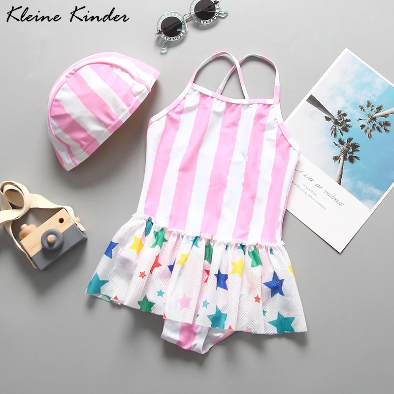 Детский купальный костюм для девочек цельный с юбкой и принтом звездочек пляжная