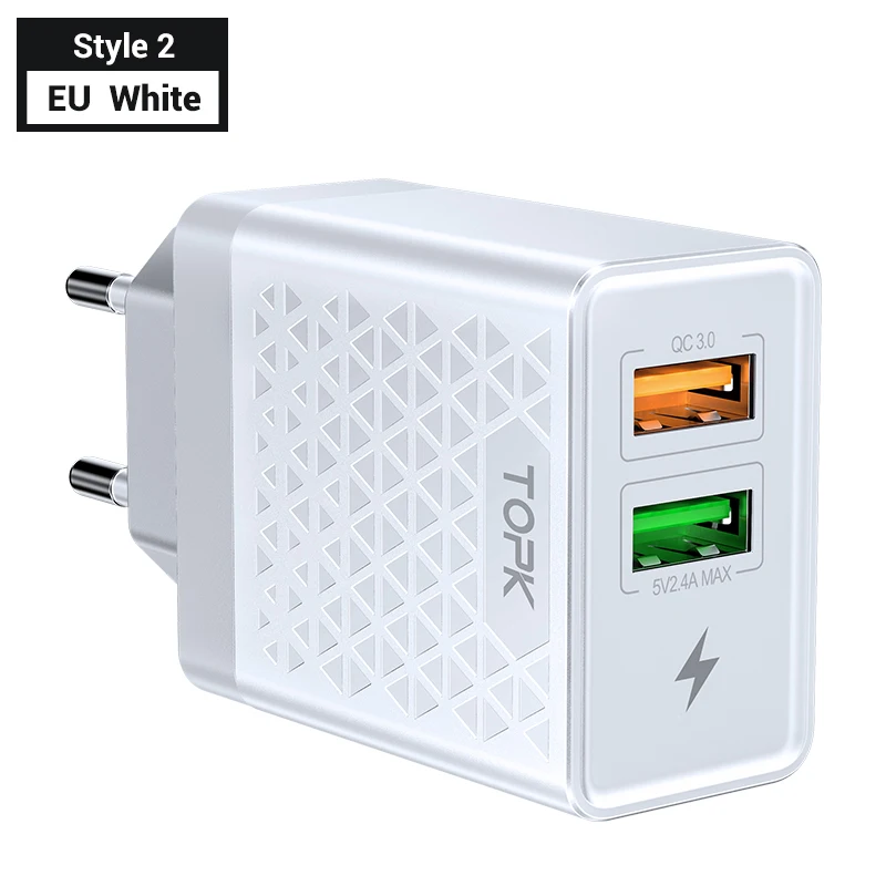 TOPK B254Q Быстрая зарядка 3,0 адаптер зарядного устройства с двойным USB ЕС Путешествия стены QC3.0 быстрое зарядное устройство для телефона для iPhone samsung Xiaomi - Тип штекера: EU White for Style 2