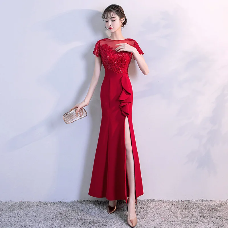 Красное платье с круглым вырезом для свадебной вечеринки Восточное женское