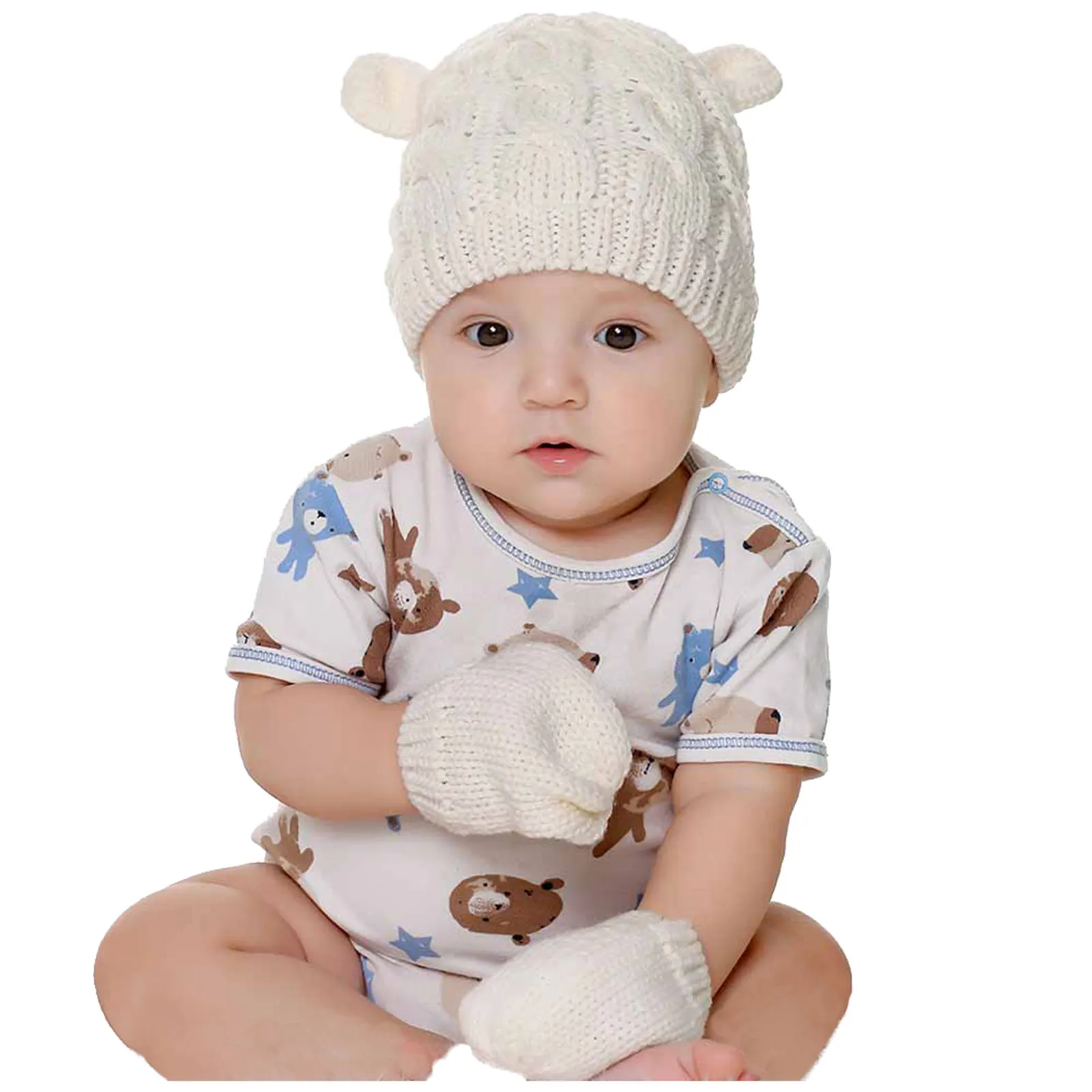 0-18m Winter Fits Baby Kids Boy Girl Warm Comfortable Knit Hat Ear Solid Cute Glove 2pcs Lovely Beanie Cap Mittens | Детская одежда и