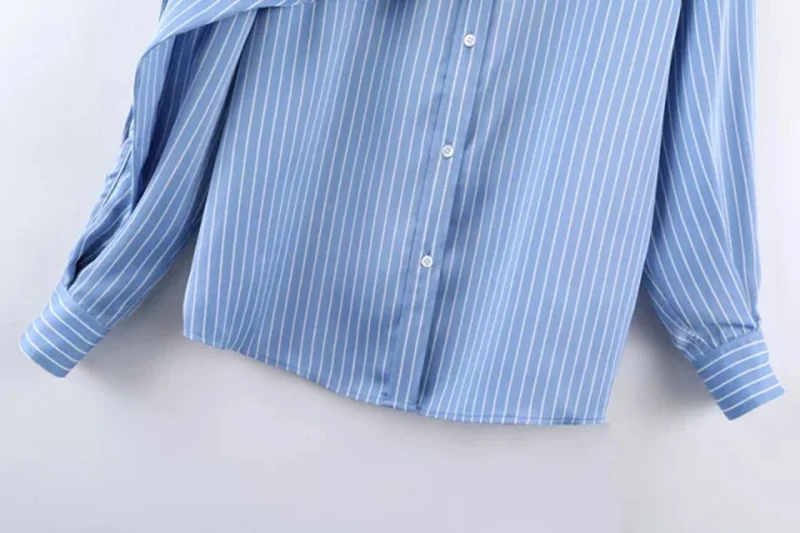 

[EAM] Women Blue Striped Bow Big Size Blouse New Lapel Long Sleeve Loose Fit Shirt Fashion Tide Spring Autumn 2021 1DD7108