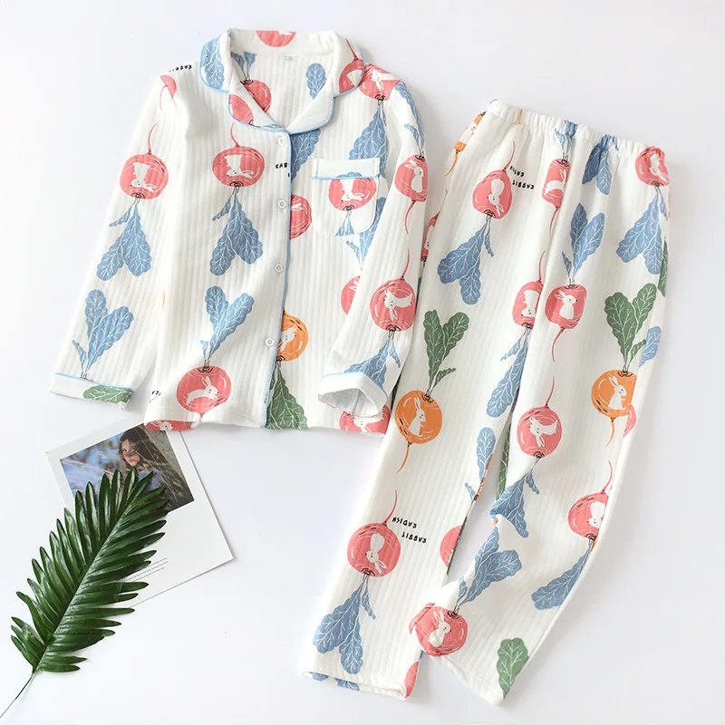 Full Cotton Pajamas Set Kimono Causal Pure Woman Long Sleeve Layers Cartoon Print Spring Thickening Homewear Suit Yukata | Тематическая