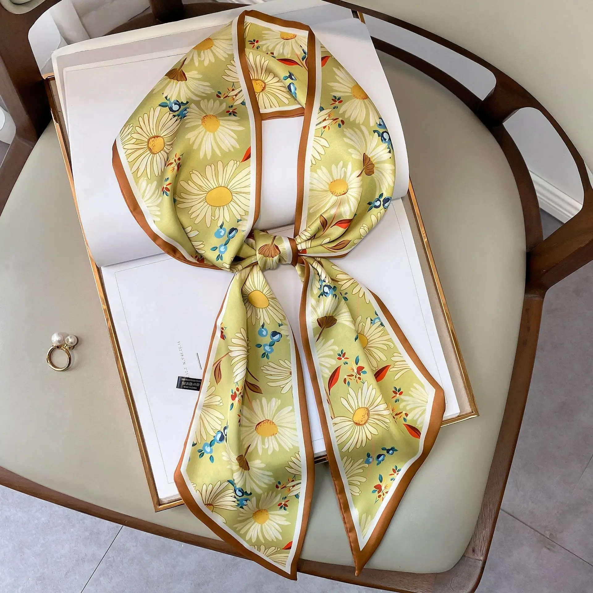 

KOI LEAPING Aesthetic printing long silk scarf female Literary flowers decorative scarf headband tie wrist strap bag belt