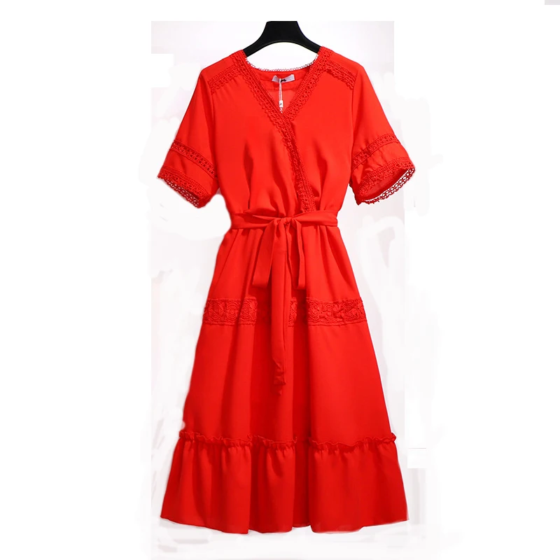 

Plus Size Women Dress 5xl 6xl 2020 Spring Summer New Casual Red Black V-neck Sashes Lace-up Waist Short Sleeve Dresses