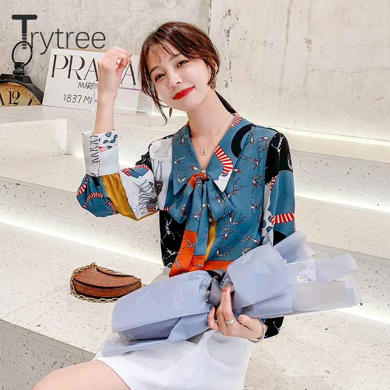 Trytree 2020 Весенняя женская блузка повседневная отложной воротник бант кнопка
