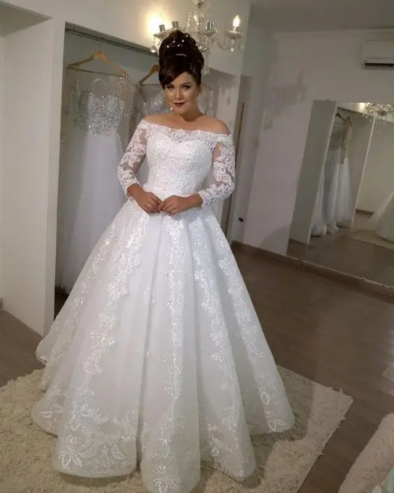 Vestido De Noiva Wedding Dresses 2020 Off the Shoulder Tulle Appliques Long Sleeves Bride Dress Bridal Gowns Robe Mariee | Свадьбы и