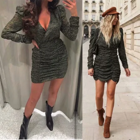 Женское мини платье 2019 новая мода v образный вырез длинный рукав в горошек со