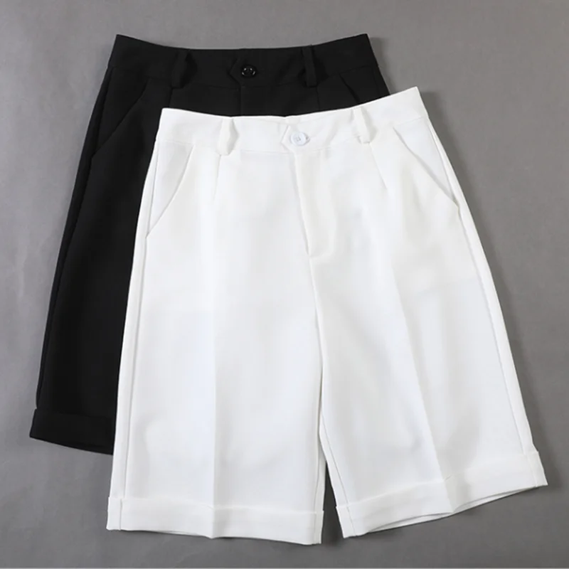 

REALEFT Summer 2020 New White Formal Half Pants High Waist Chic Straight Pants Korean OL Style Elegant Loose Trousers Pocket
