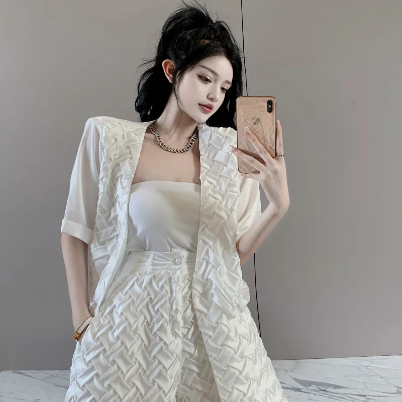 

Korejepo Women 2 Piece Set 2021 Summer New Korean Chic Retro Temperament Solid Stitching Suit Jacket High-waist Wide-leg Shorts