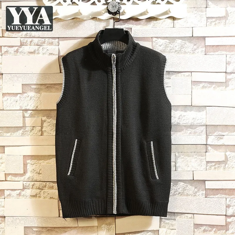

Autumn Winter Thicken Knitting Waistcoat Mens Casual Sleeveless Stand Collar Cardigan Jacket Mens Slim Fit Tank Sweater Vests