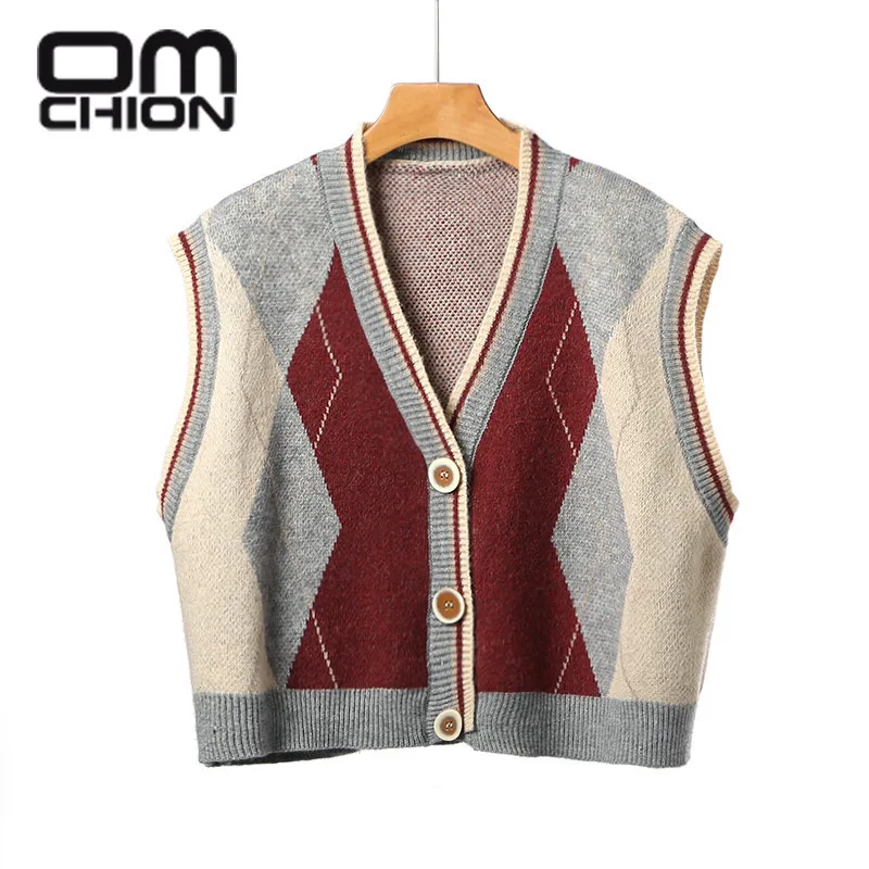 

OMCHION 2021 Spring Short Cardigan Vest Women's Knitting Loose Plaid Sleeveless Vintage Sweater Vest Korean College Tops BN70