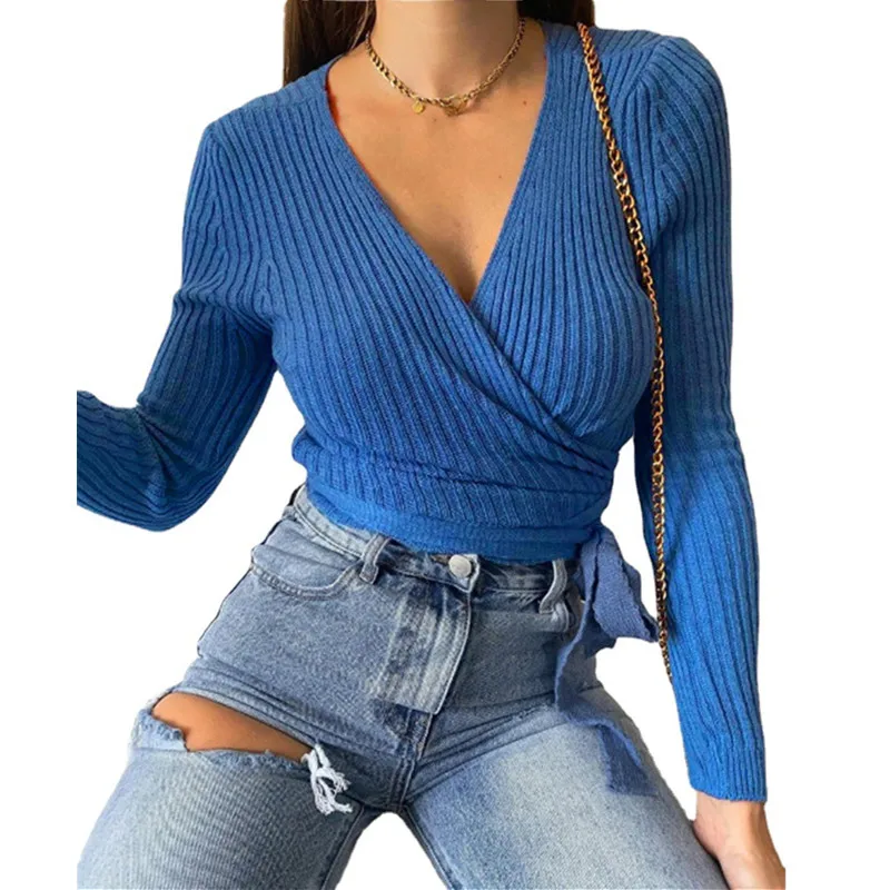 

Plus Size Sexy Women Solid Long-sleeved V-Neck Lace-up Knitt Bottoming Shirt 2021 White All-match Female Slim Lady Tops Blouse