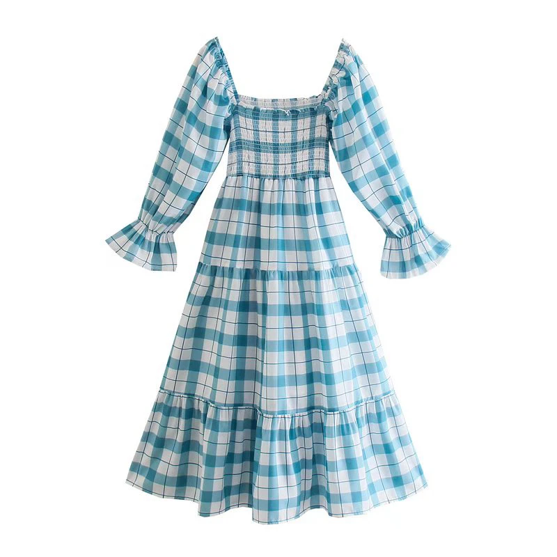 

YENKYE New 2022 Women Vintage Plaid Bow Dress Sexy Square Neck Puff Sleeve Spring Casual Dress Ladies Holiday Vestido