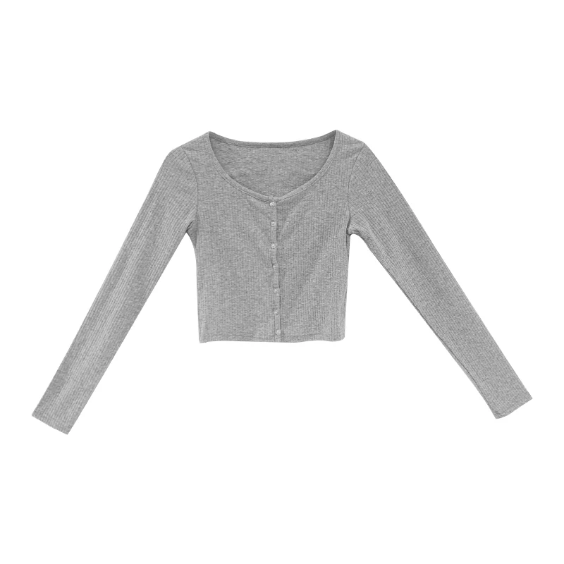 

American spice girl sexy round neck open collarbone Knitted Top slim long sleeve base shirt short open navel T-shirt