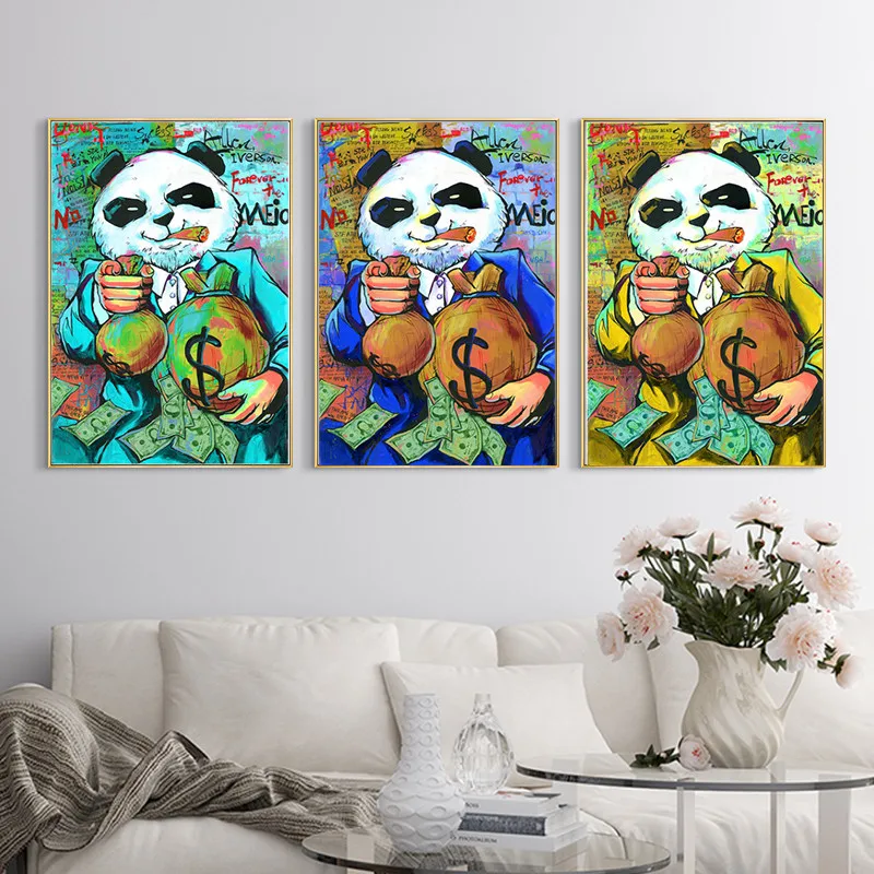 

Graffiti Street Art Abstract Rich Cartoon Panda Canvas Poster And Print Modern Animal Canvas Painting For Living Room Decoration