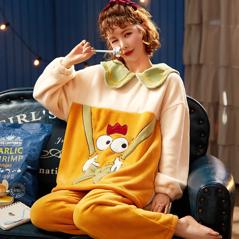 

Hooded Cartoon Sleepwear Set Winter Pajamas Flannel Velvet Women's Pyjamas Large Size Female Pijamas Mujer Thick Warm Home Wear