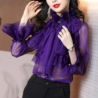 2021 new lotus leaf edge design sense minority french tie bow long sleeved chiffon shirt girl butterfly sleeve womans tops