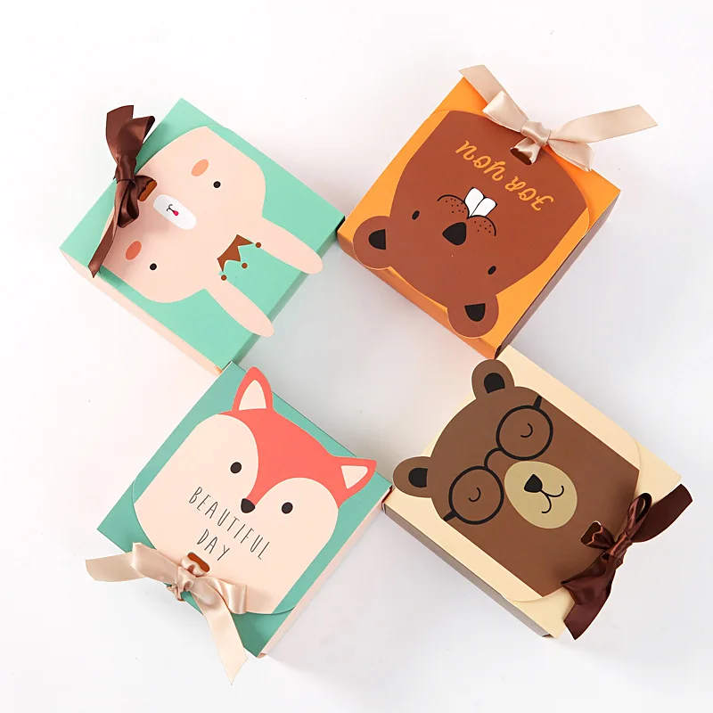 10 Pcs/Set Cartoon Animal Paper Boxes Cube Kids Birthday Party Favors Gift Packaging Box for Guest Rabbit Fox Candy Boxes
