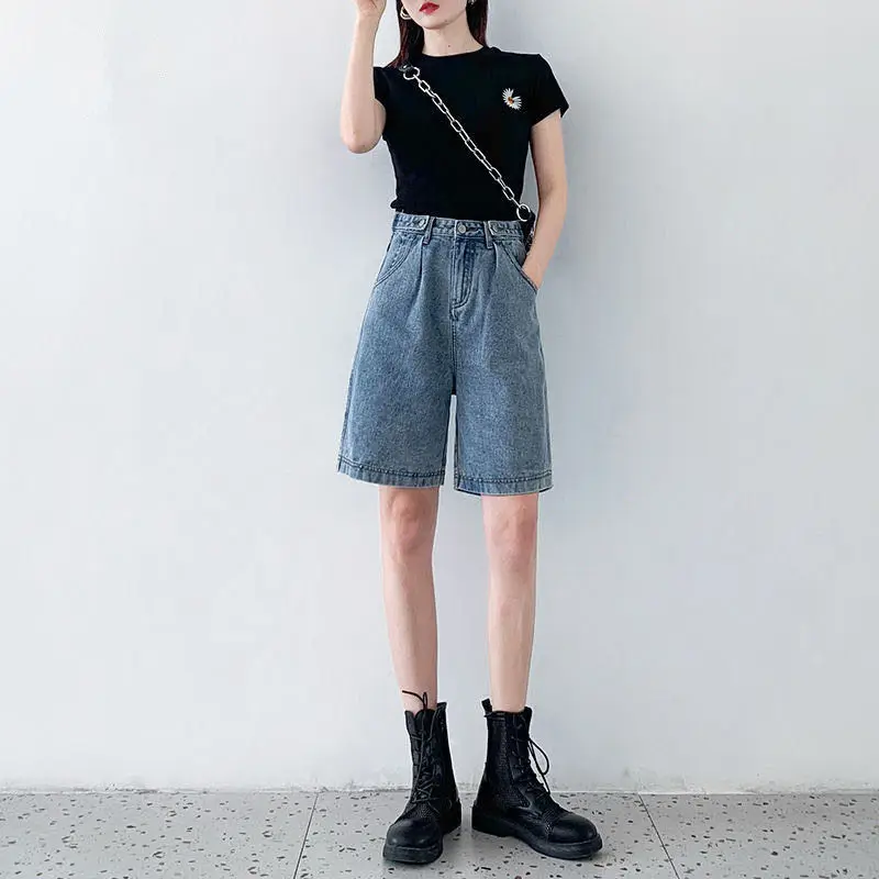 

Denim Shorts Women's Half Pants Summer Loose Korean Version High Waist Slim Elastic Waist Straight Tube Wide Medium Shorts