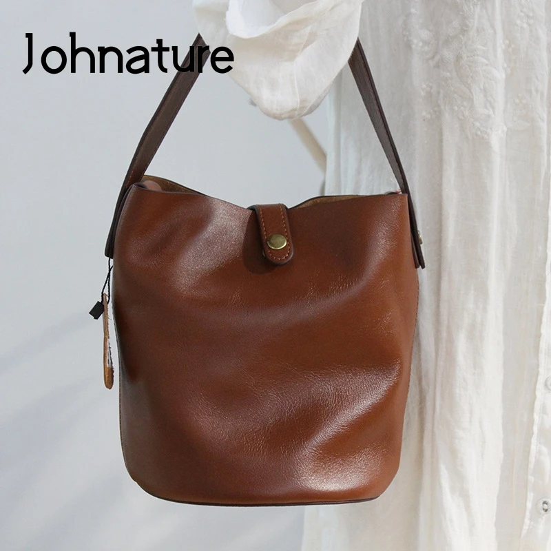 

Johnature Korean Simple Women Bucket Bag 2022 New Casual Hasp Genuine Leather Handbag Solid Color Soft Cowhide Shoulder Bags