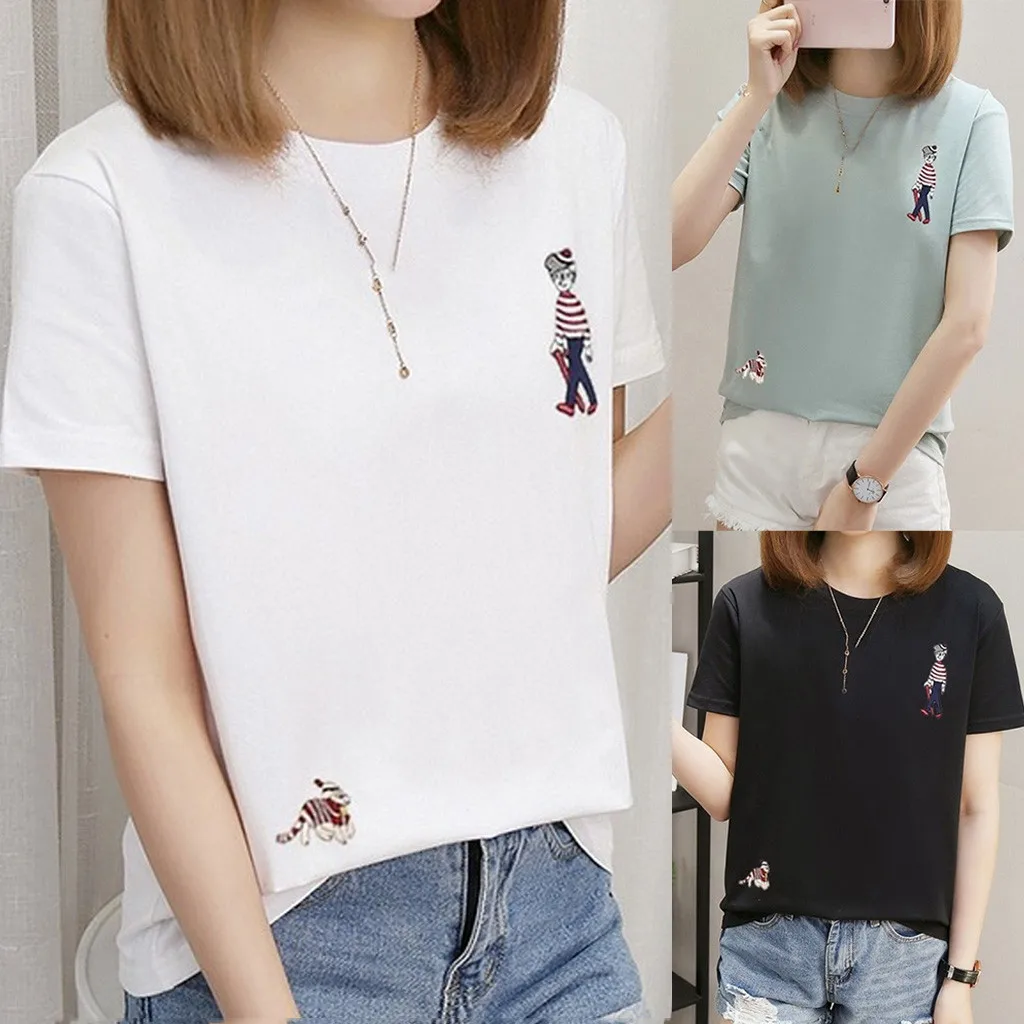 Женская футболка с коротким рукавом круглым вырезом и вышивкой|Футболки| |
