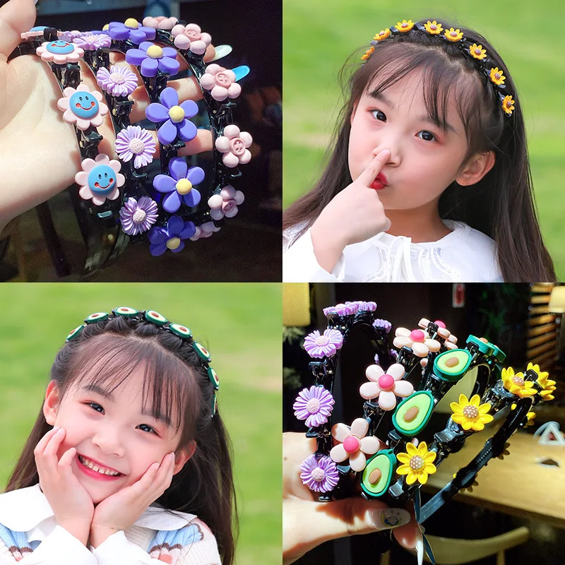 

Cartoon Flower Double Bangs Headbands Hair Hoops for Children Girls Braid Hairpin Hairbands Bezel with Clips Hair Accessories