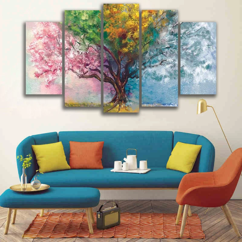 

5 Panels Colorful Seasonal Tree Posters Canvas Prints Modern Home Decor Wall Art Pictures For Living Room Landscape Painting