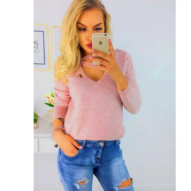 Женский вязаный свитер с v-образным вырезом длинным рукавом пуловер зима 2019 |