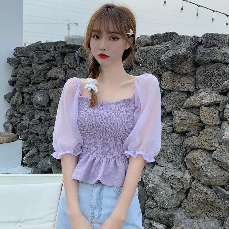 

Temperament Polka Dot Mesh Chiffon Shirt Women's Summer New Korean Short Style Shoulder Tops