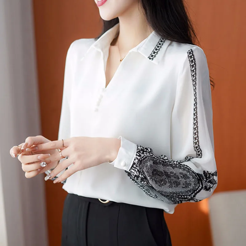 

Блузка женская шифоновая с длинным рукавом, V-образным вырезом и принтом, MM0473