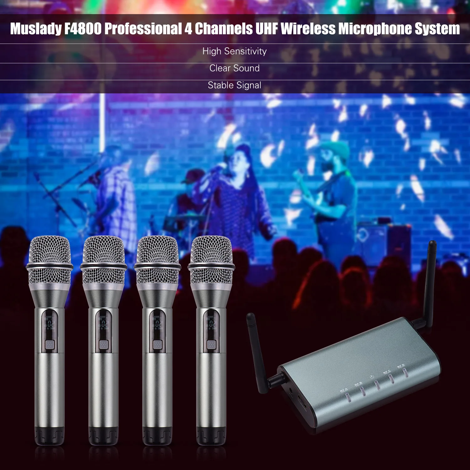 

Muslady F4800 Professional 4Channel UHF Wireless Microphone System 4 Handheld Microphones 1 Wireless Receiver 6.35mm Audio Cable