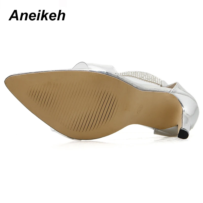Aneikeh/пикантные женские Босоножки на каблуке из искусственной кожи туфли-лодочки со стразами на ремешке на лодыжке модельные туфли на тонком каблуке 11 см с открытым носком на молнии женская обувь серебристого цвета