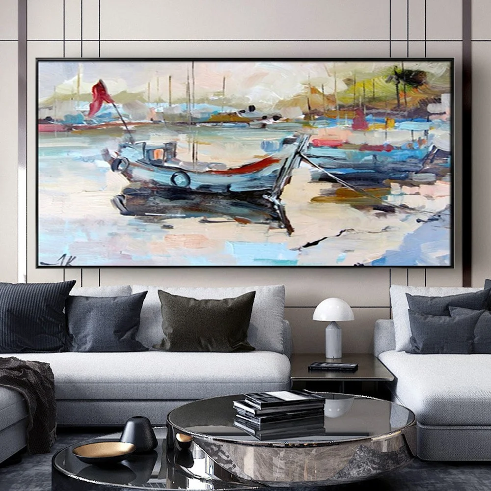 

Fishing boat on the beach Modern pure hand-painted oil painting Small fishing village with sea view canvas picture home decor