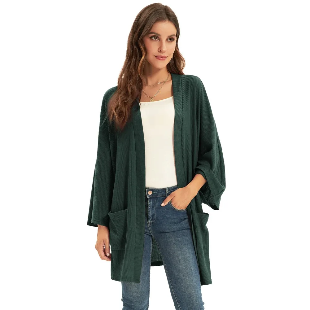 

Women's Waffle Textured Cardigan Batwing Sleeve Open Front Mid-Thigh Cover-up Casual Long Coats Holiday Clothing Lady Tops New